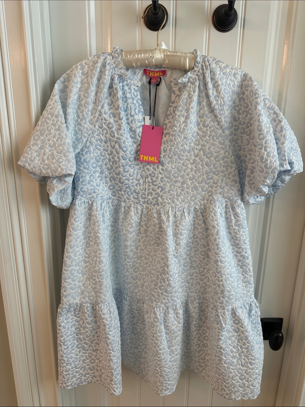 THML Pale Blue Puff Sleeve Tiered Dress - Picture 1 of 3